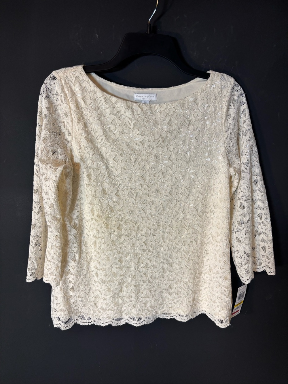 NWT Charter Club Cream Lace Floral Boatneck Top 3/4 Sleeve-PM